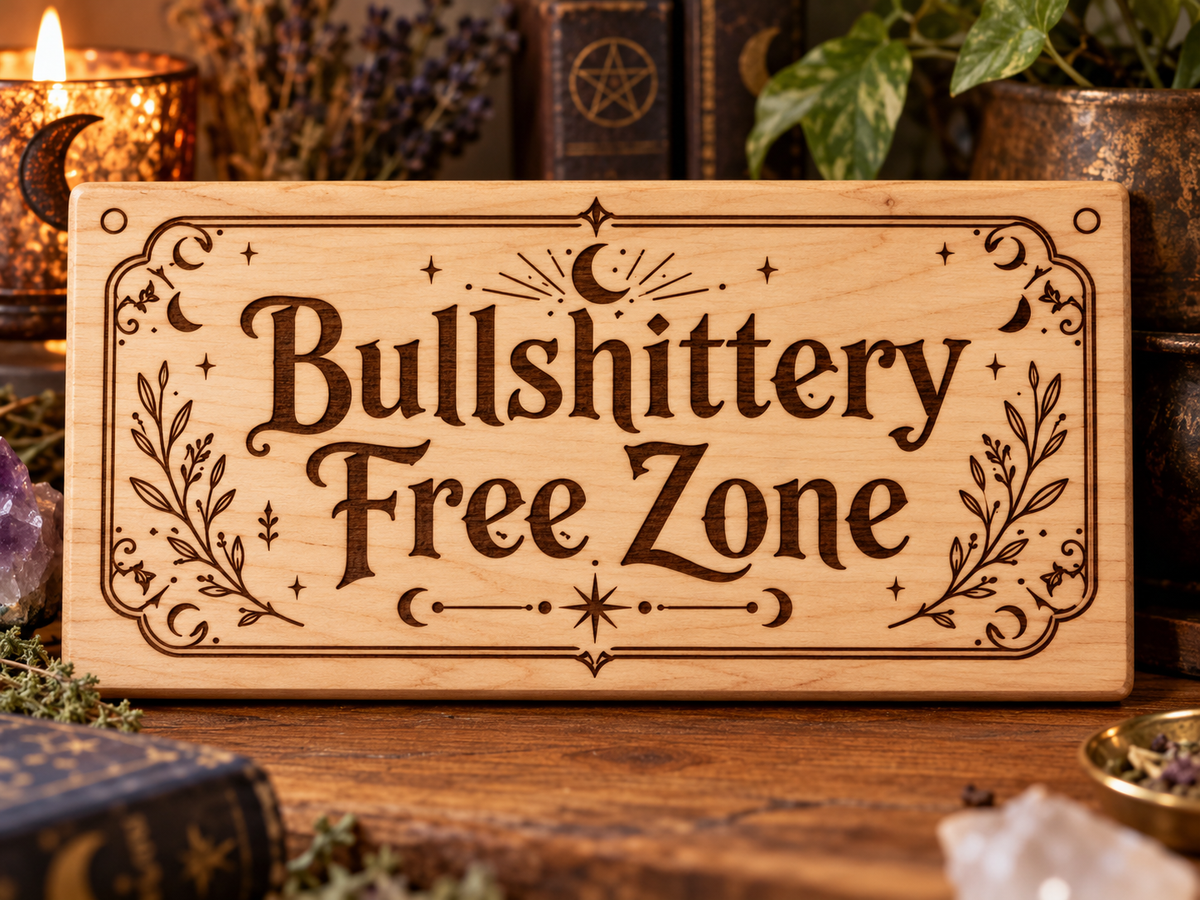 Bullshittery Free Zone laser engraved wooden sign mockup