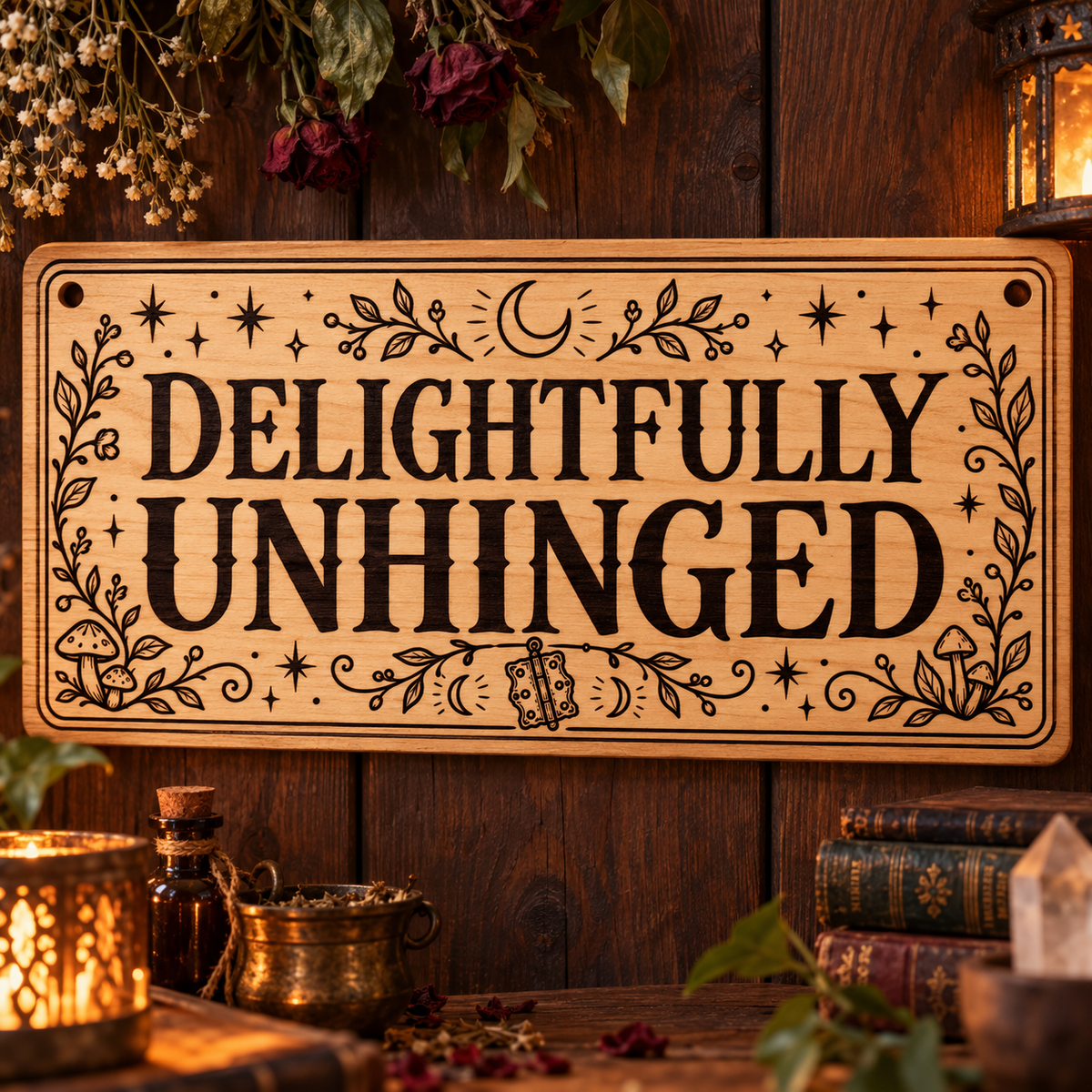 Delightfully Unhinged wooden wall sign mockup