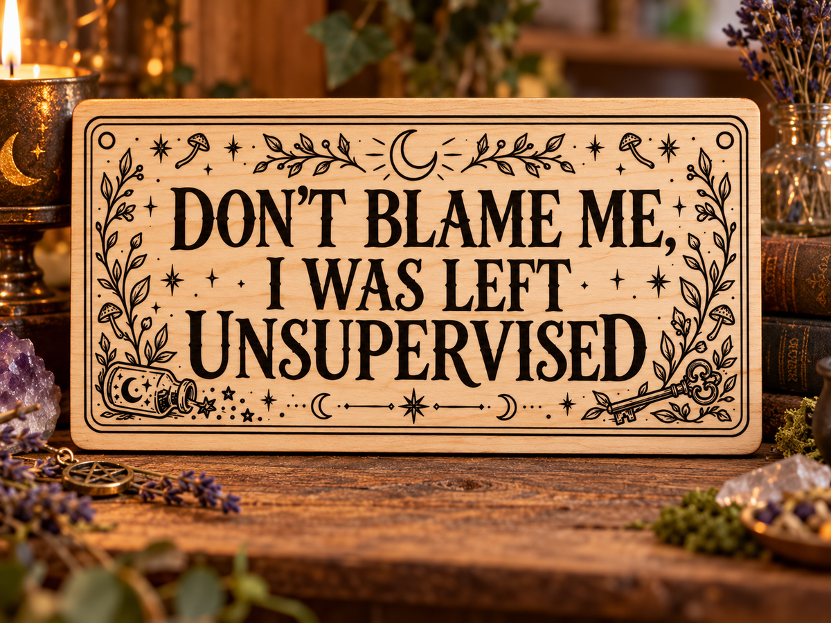 Don't Blame Me I Was Left Unsupervised wooden wall sign mockup