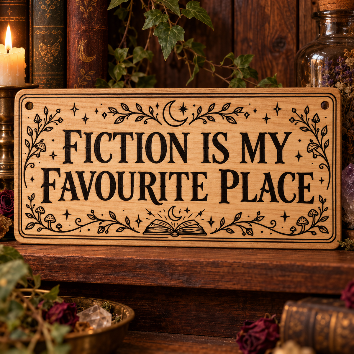 Fiction Is My Favourite Place wooden wall sign mockup