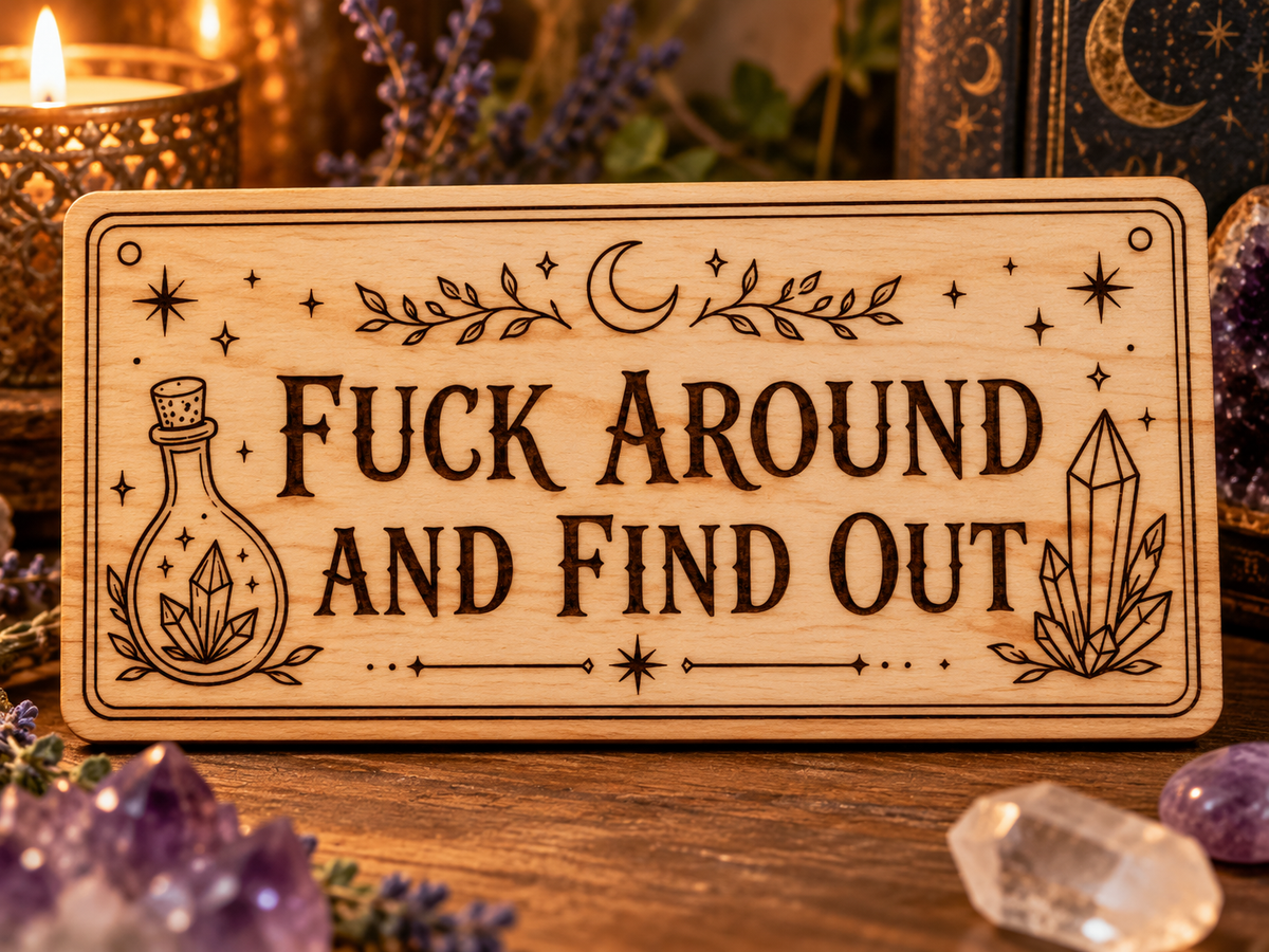 Fuck Around and Find Out laser engraved wooden sign mockup