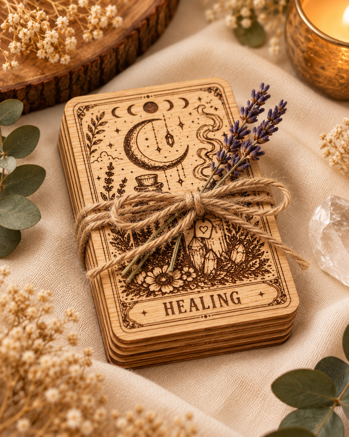 Seven engraved wooden intention cards tied with twine and lavender