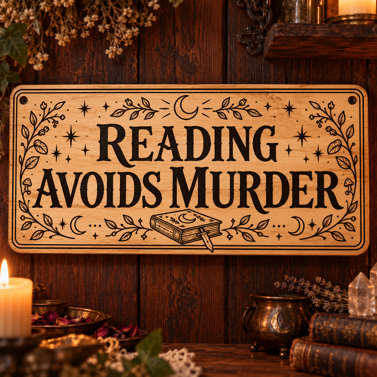 Reading Avoids Murder wooden wall sign mockup