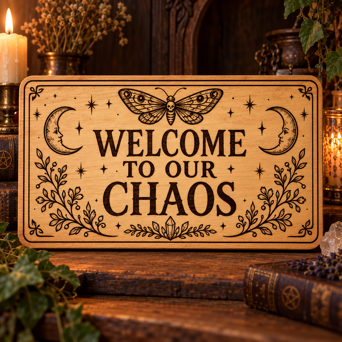 Welcome to Our Chaos wooden wall sign mockup