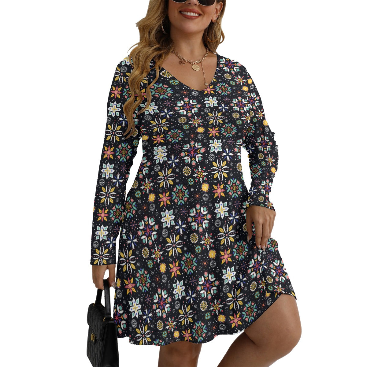 Vintage Snowflake V-neck Long Sleeve Dress