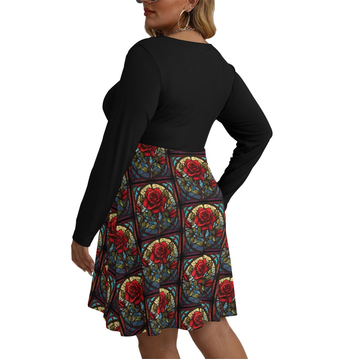 Stained Glass Rose Contrast V-neck Dress