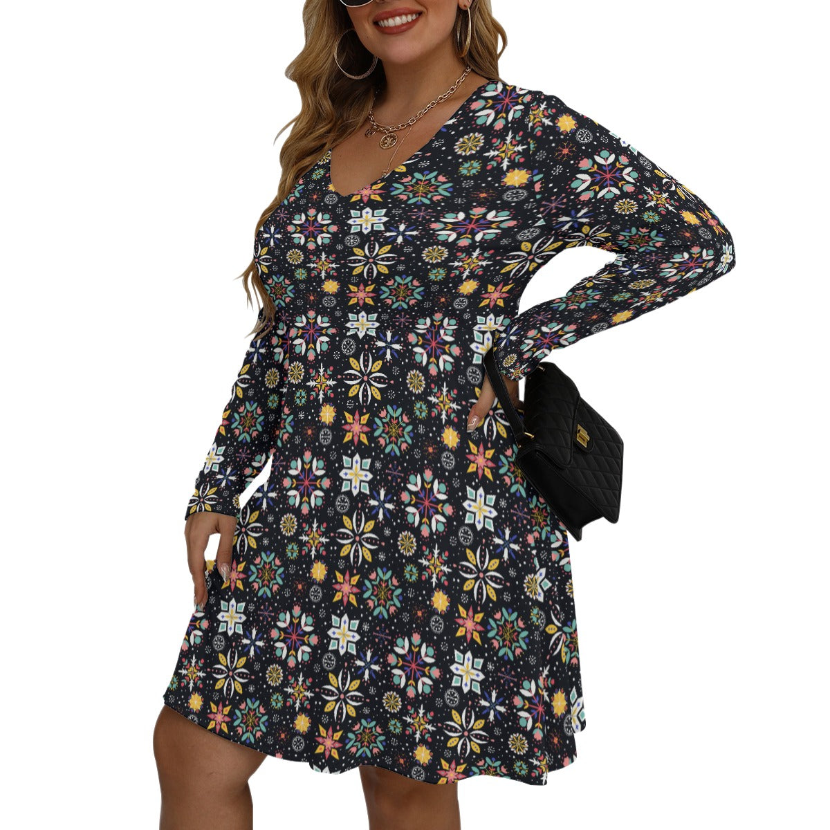 Vintage Snowflake V-neck Long Sleeve Dress