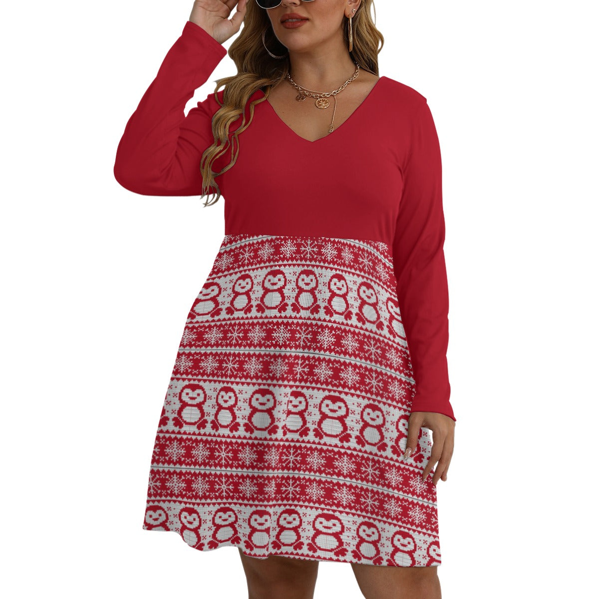 Knitted effect penguin V-neck Long Sleeve Dress
