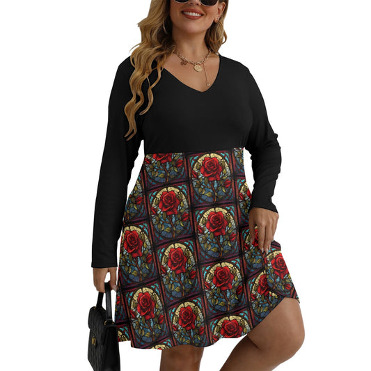 Stained Glass Rose Contrast V-neck Dress