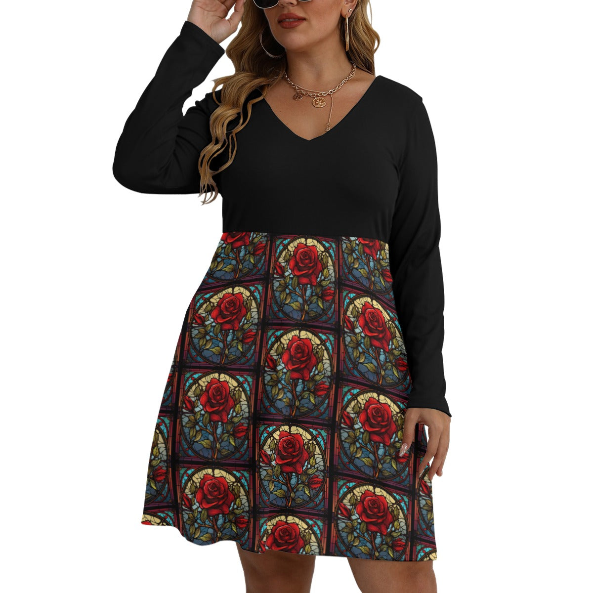 Stained Glass Rose Contrast V-neck Dress