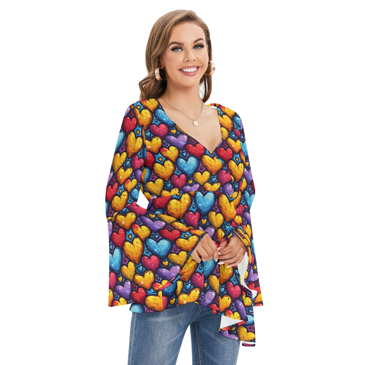 Heart V-neck Blouse With Flared Sleeves
