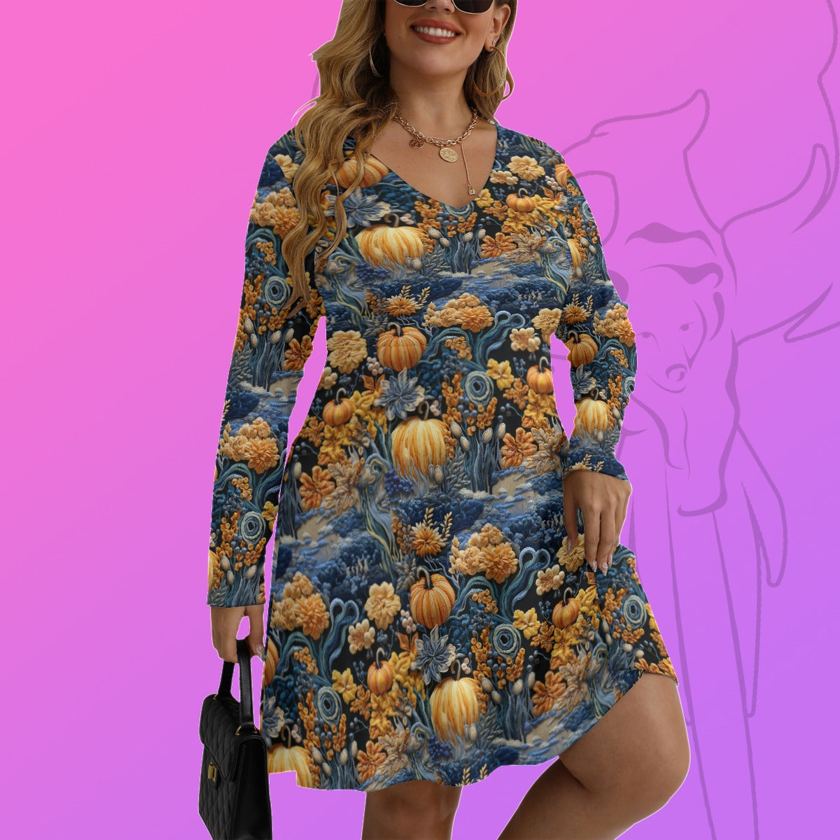 Blue Pumpkins V-neck Long Sleeve Dress