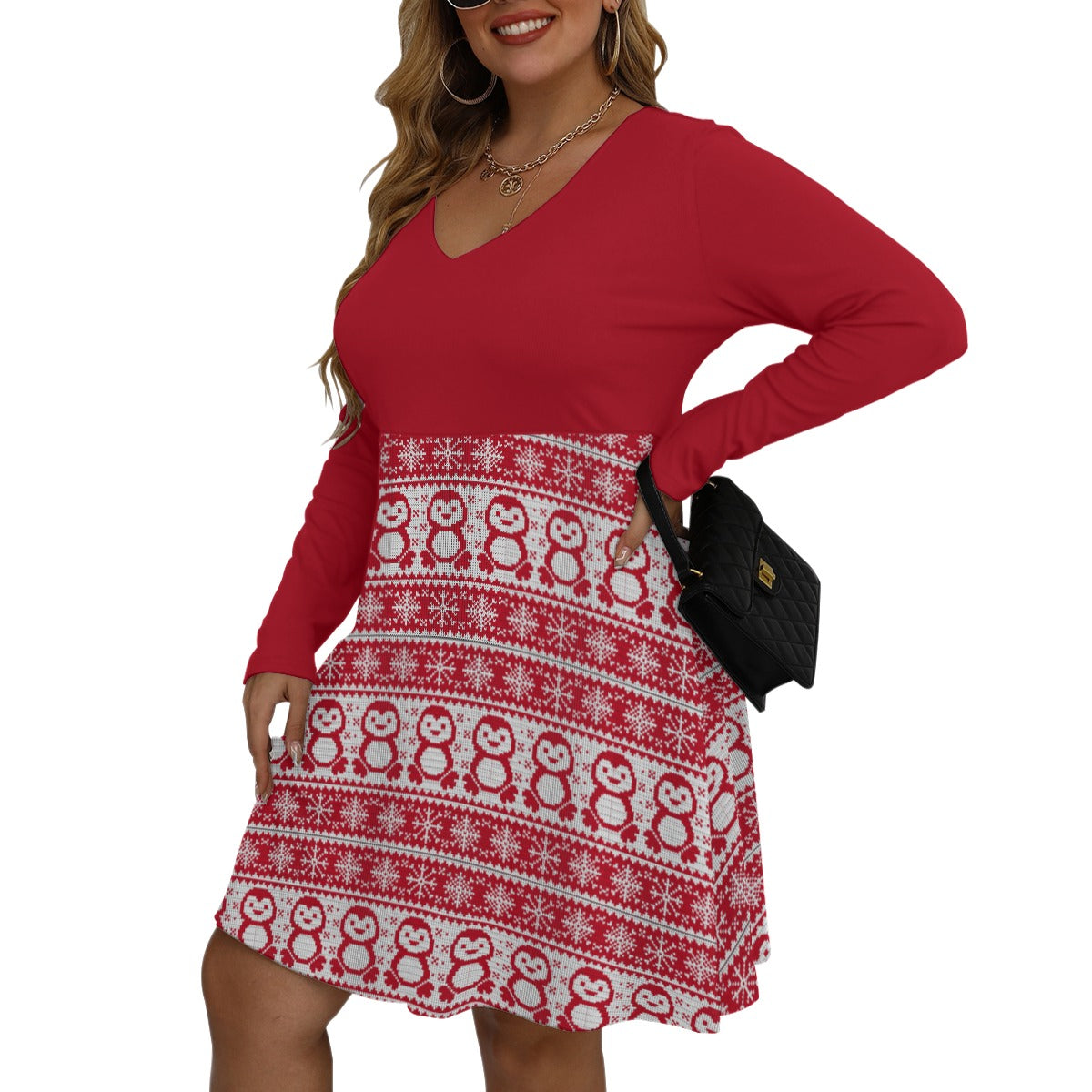 Knitted effect penguin V-neck Long Sleeve Dress