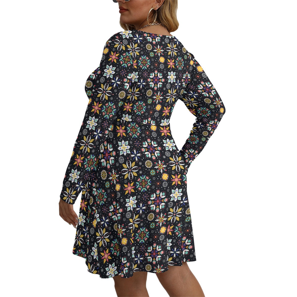 Vintage Snowflake V-neck Long Sleeve Dress