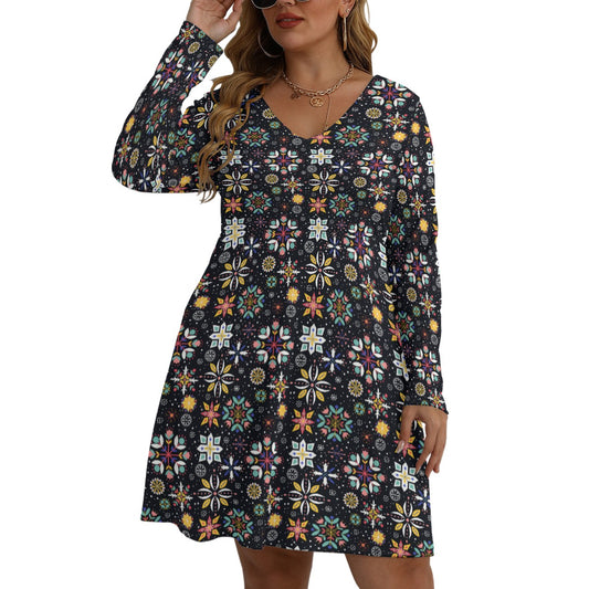 Vintage Snowflake V-neck Long Sleeve Dress