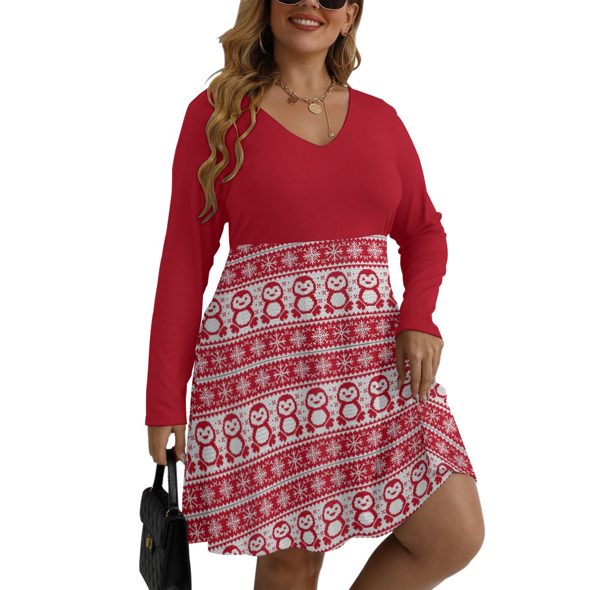 Knitted effect penguin V-neck Long Sleeve Dress