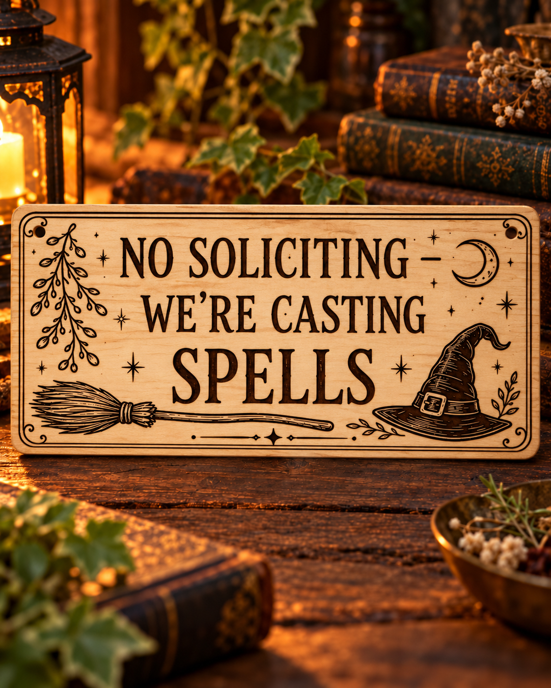 No Soliciting – We're Casting Spells Wooden Wall/Door Sign