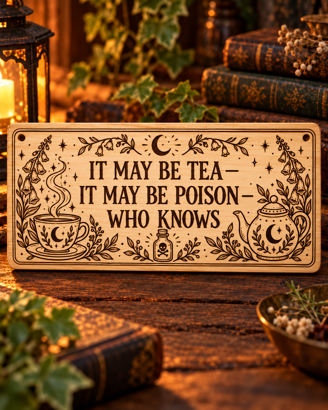 A rectangular wooden sign with rounded corners featuring a mystical brown engraved design with a teacup, potion bottle, stars, and the text 'IT MAY BE TEA - IT MAY BE POISON - WHO KNOWS'. The sign is displayed on a rustic wooden table surrounded by vintage books, a lantern, and greenery in warm, atmospheric lighting.