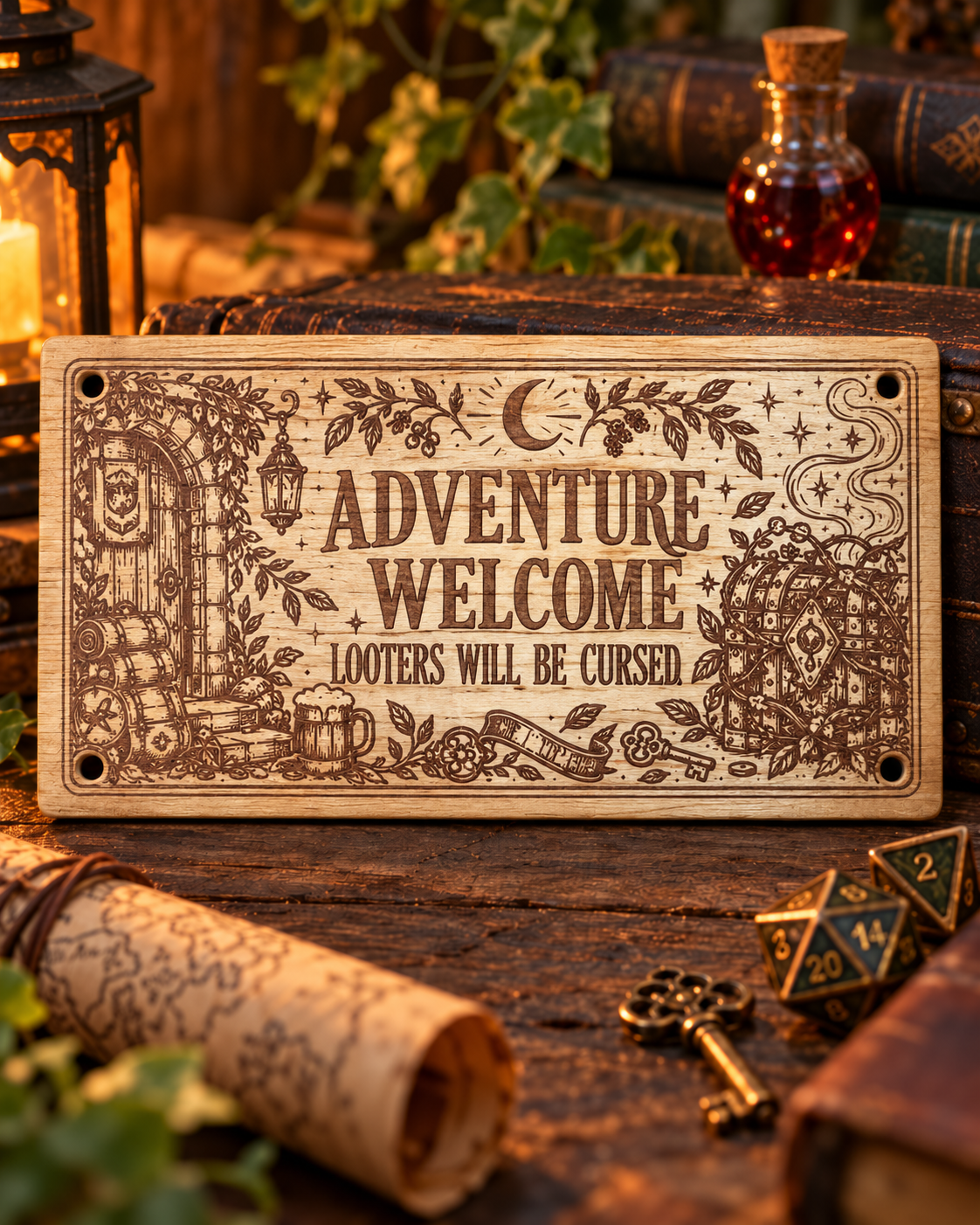 Adventure Welcome – Looters Will Be Cursed Wooden Wall/Door Sign