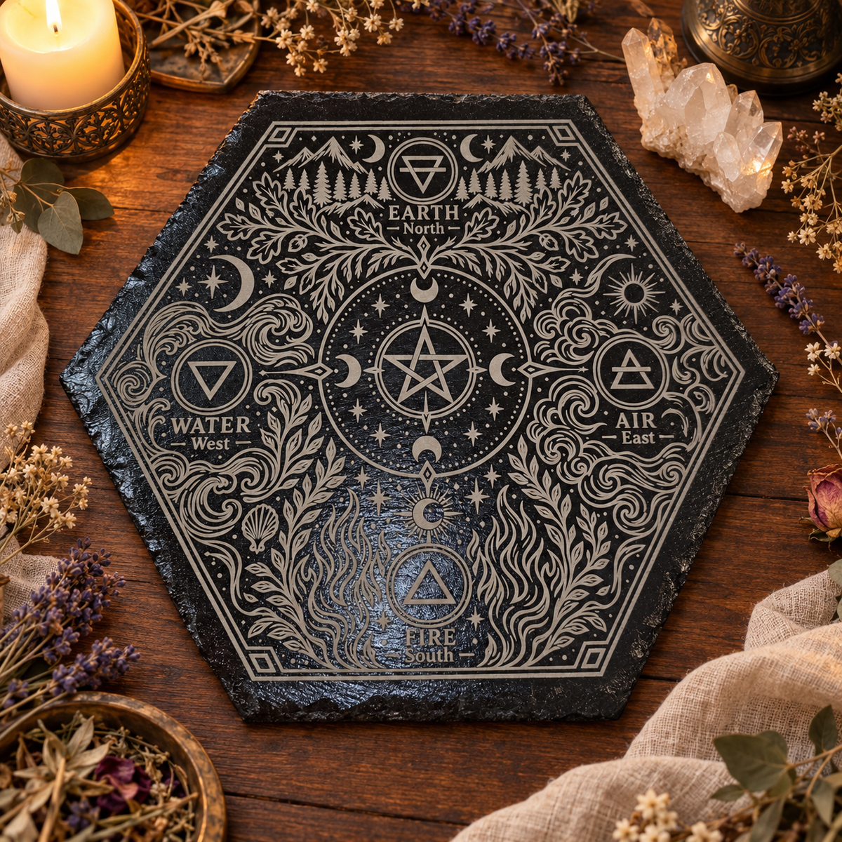 Elemental Compass hexagonal slate altar tile with engraved Earth, Air, Fire and Water design and central pentacle. Decorative props not included.
