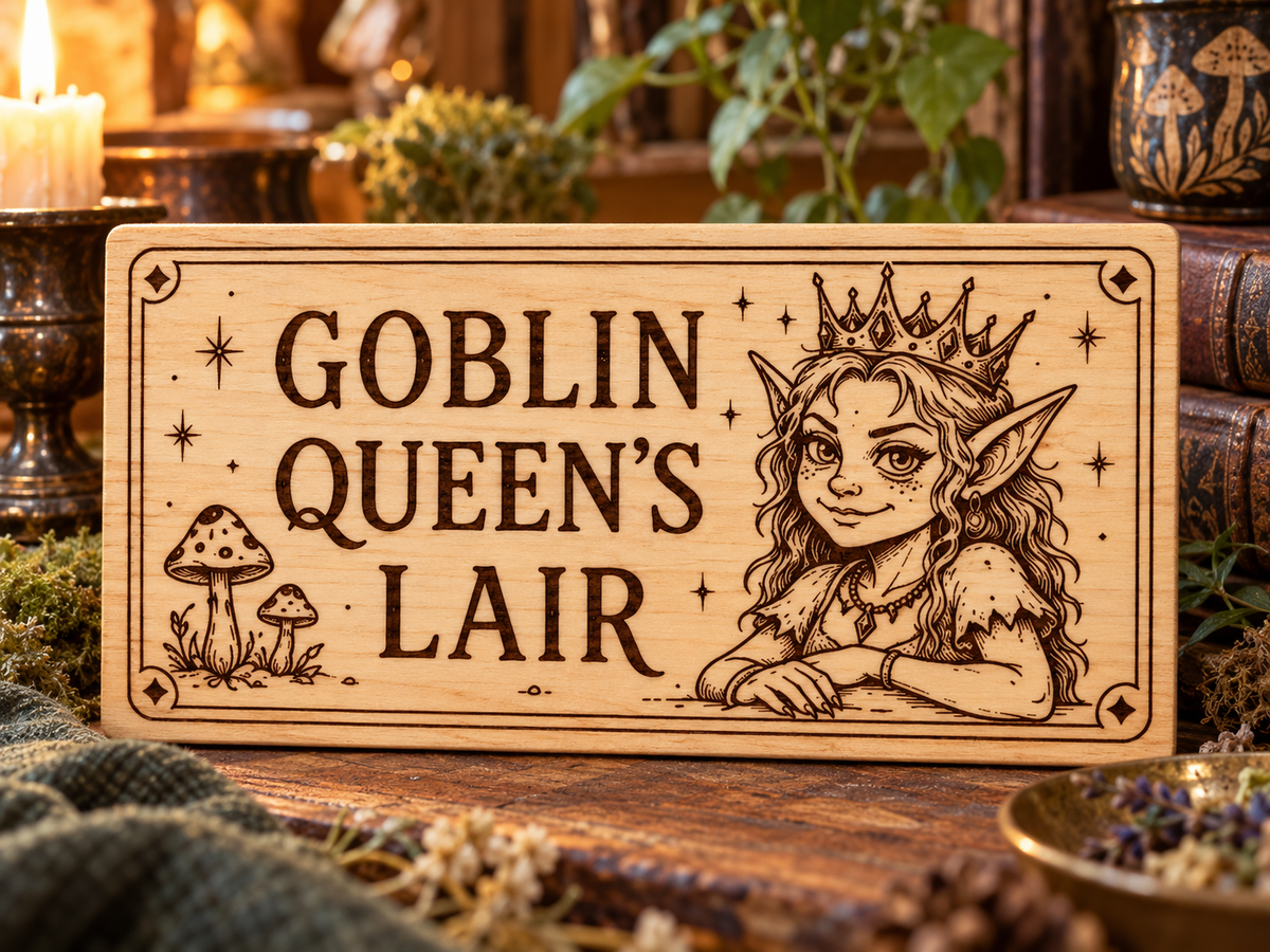 Goblin Queen's Lair laser engraved wooden sign mockup