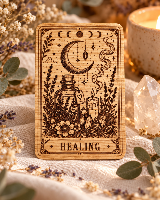 Healing engraved wooden intention card
