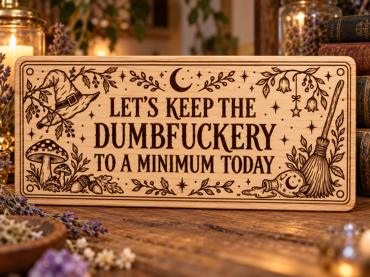 Let's Keep the Dumbfuckery to a Minimum Today laser engraved wooden sign mockup