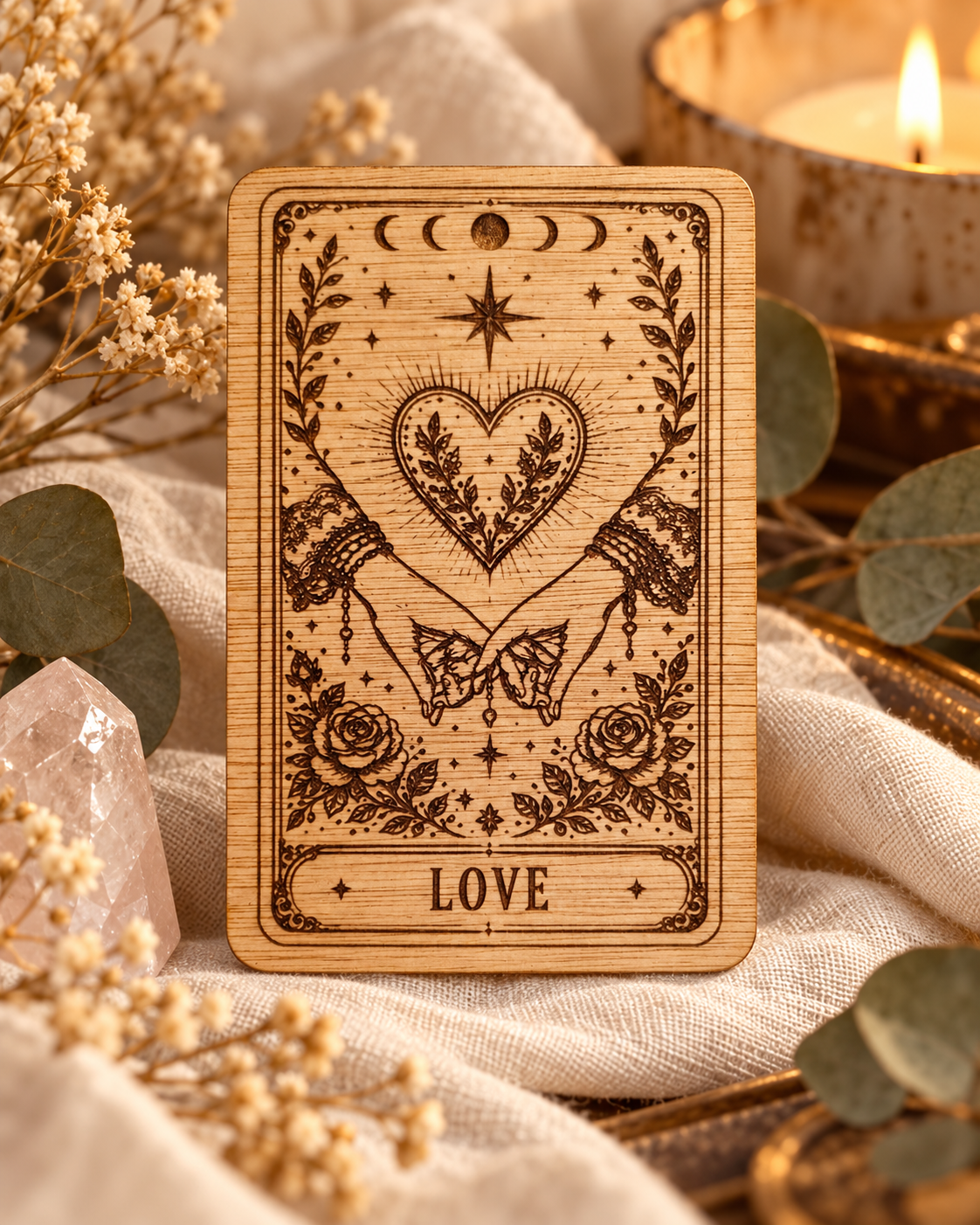 Love engraved wooden intention card