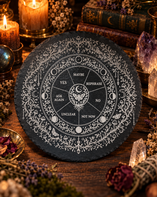 A circular black slate coaster with white engraved wiccan and pagan symbols, surrounded by candles, crystals, and dried flowers on a wooden table.