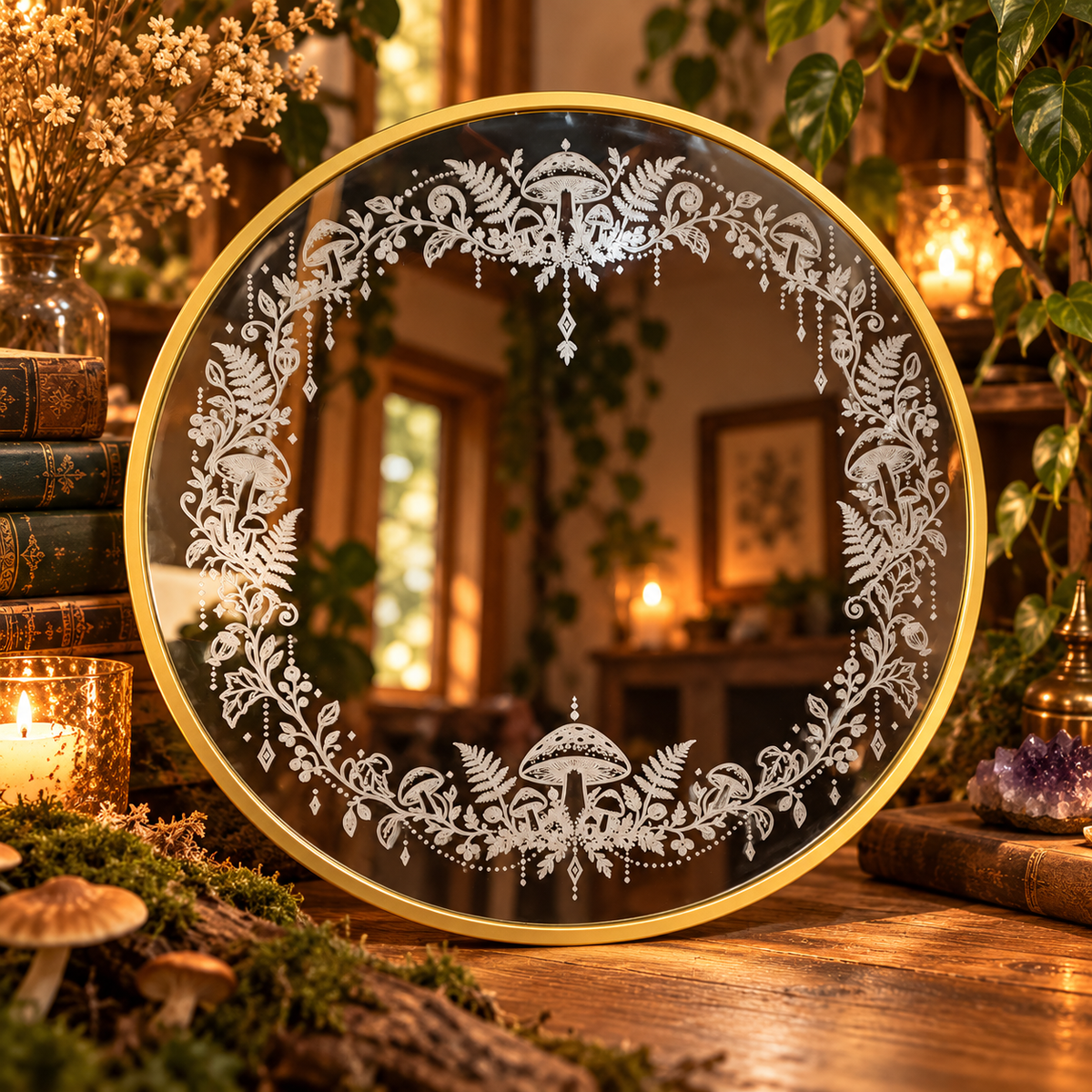 Mushroom Forest Floor engraved wall mirror lifestyle image