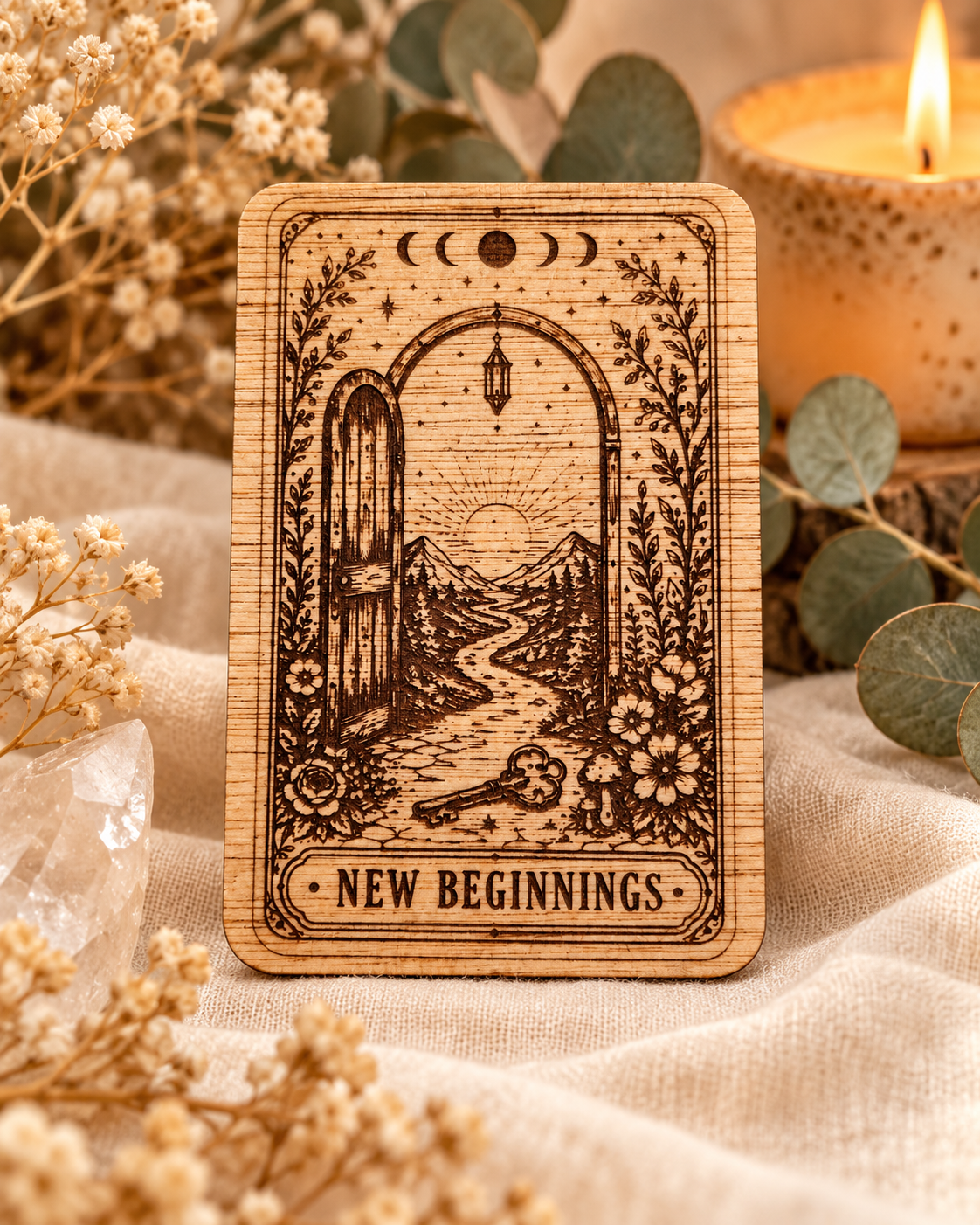 New Beginnings engraved wooden intention card