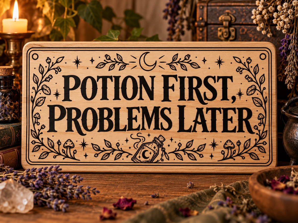 Potion First Problems Later wooden wall sign mockup