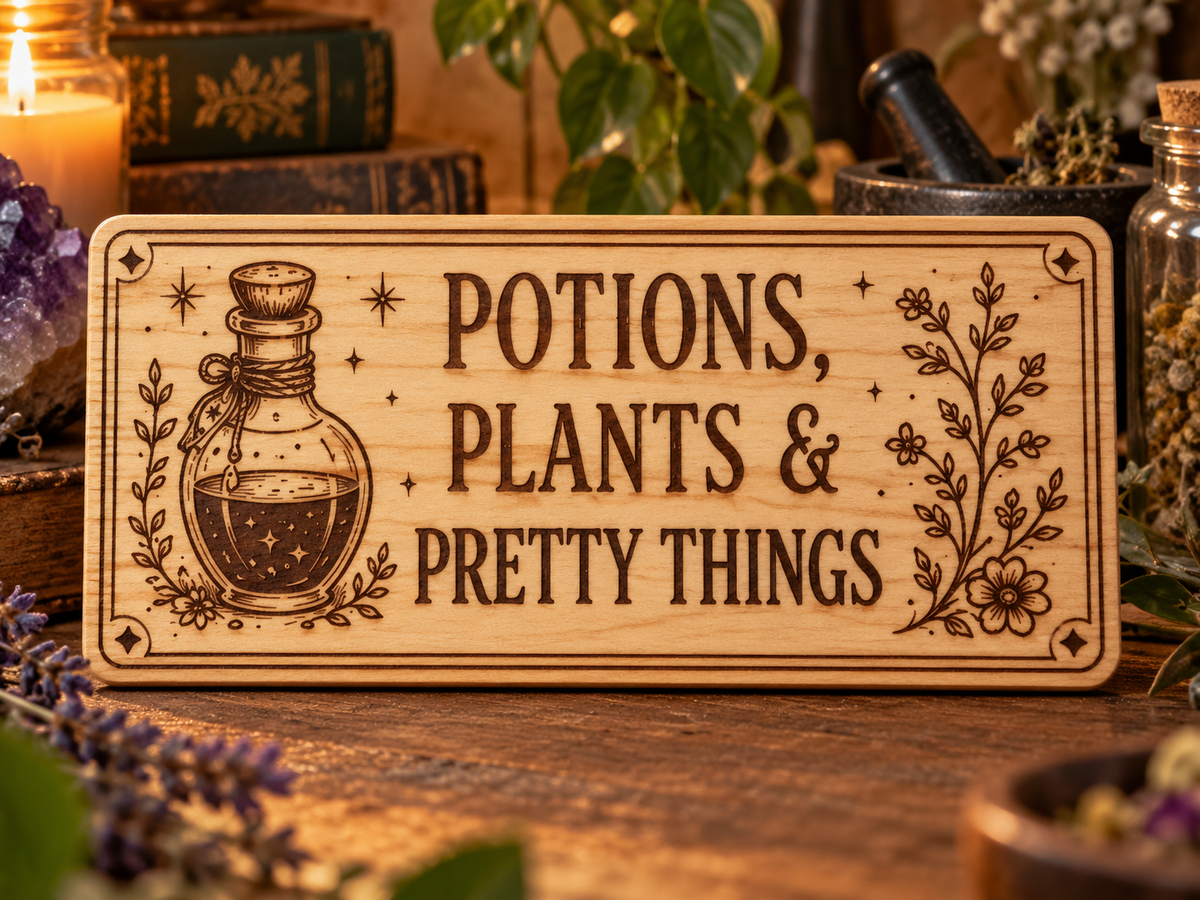 Potions, Plants & Pretty Things laser engraved wooden sign mockup