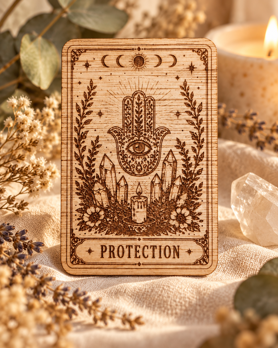 Protection engraved wooden intention card