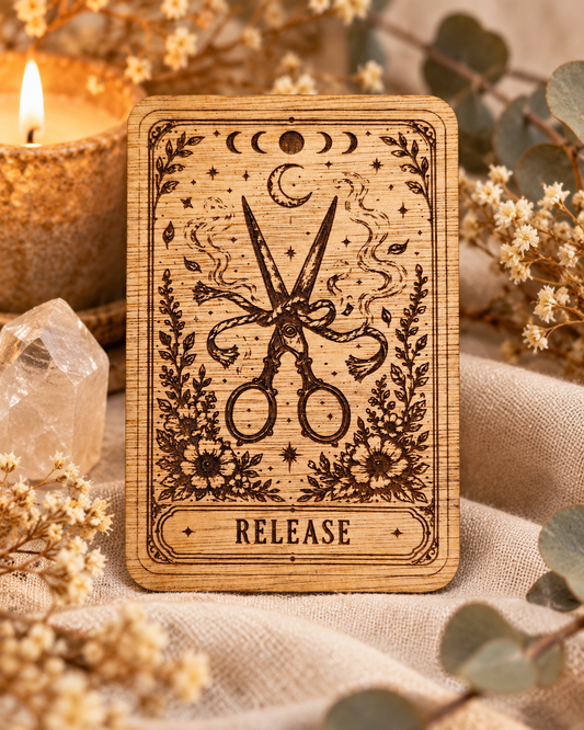 Release engraved wooden intention card