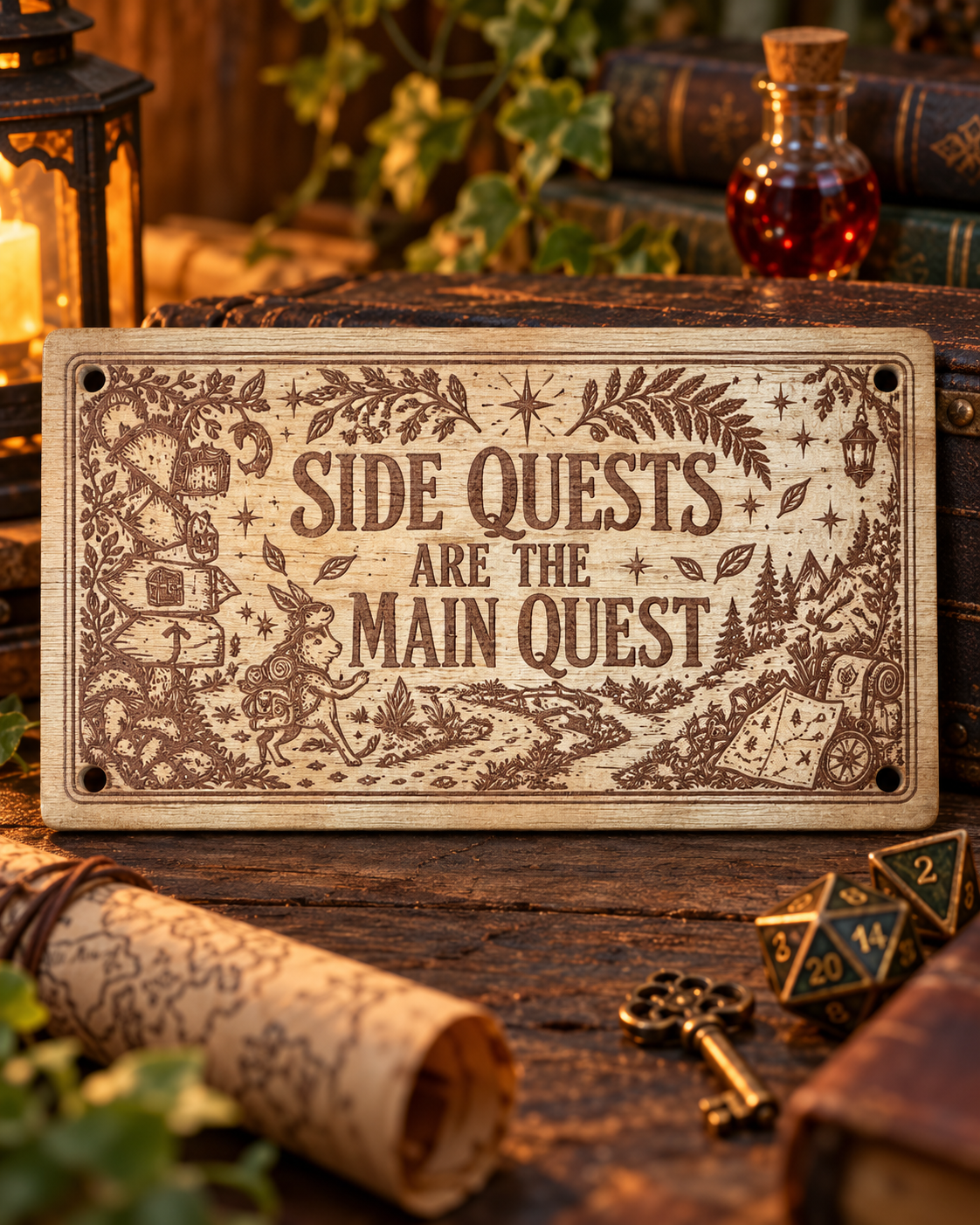 Side Quests Are the Main Quest Wooden Wall/Door Sign