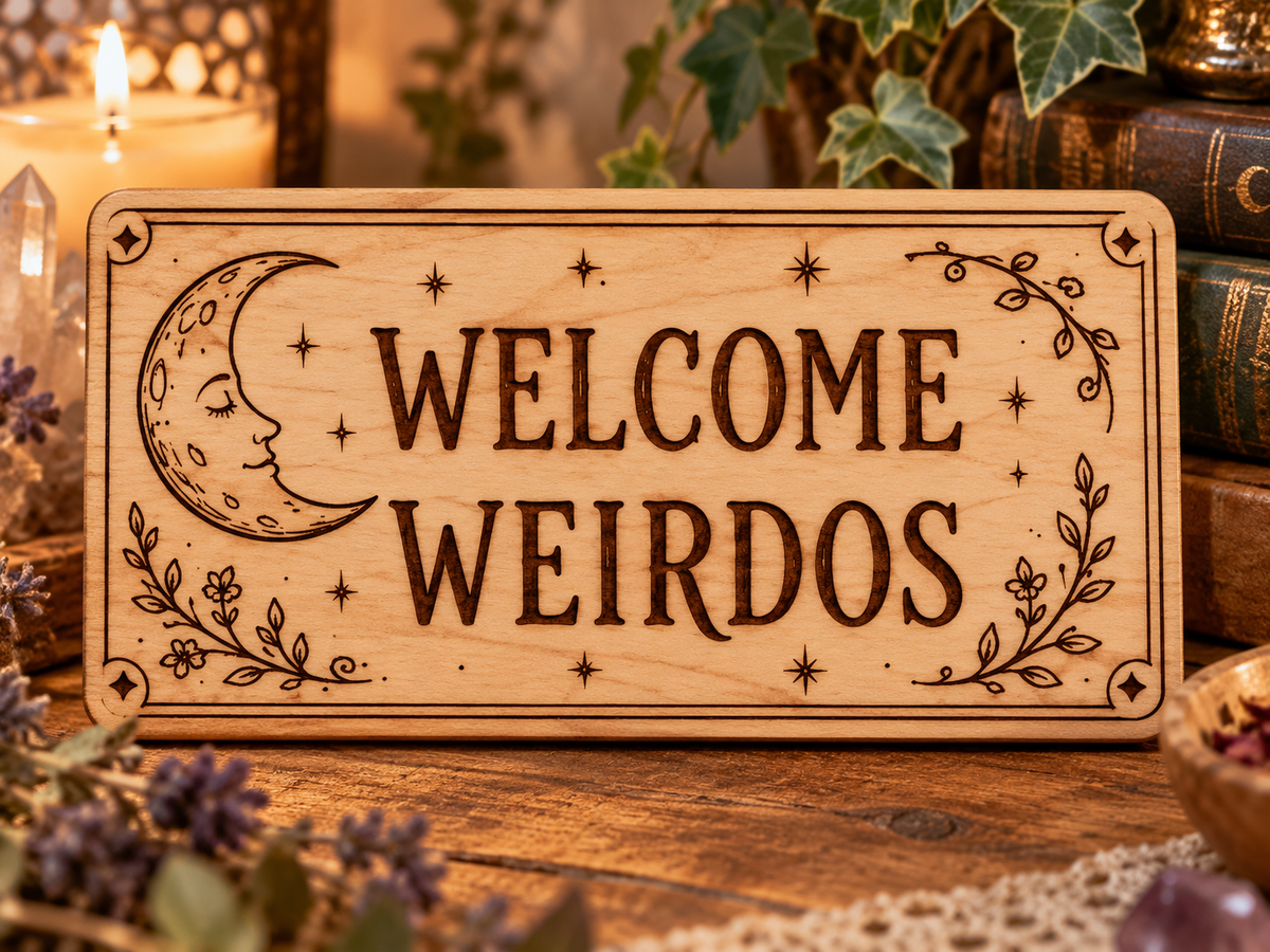Welcome Weirdos laser engraved wooden sign mockup