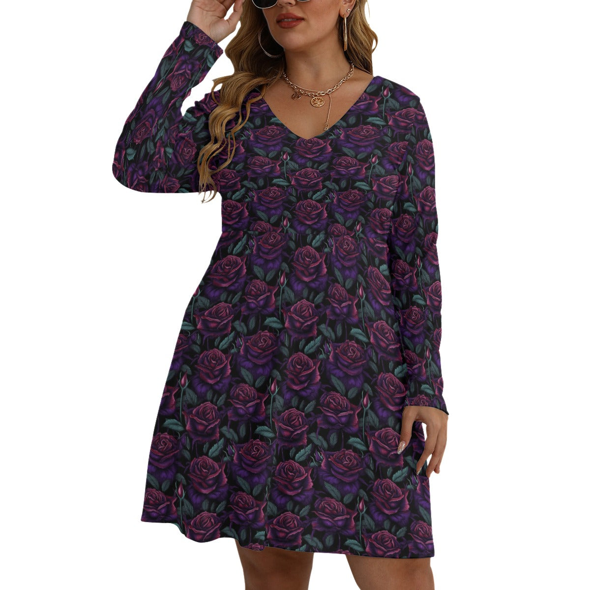 Purple Roses V-neck Long Sleeve Dress