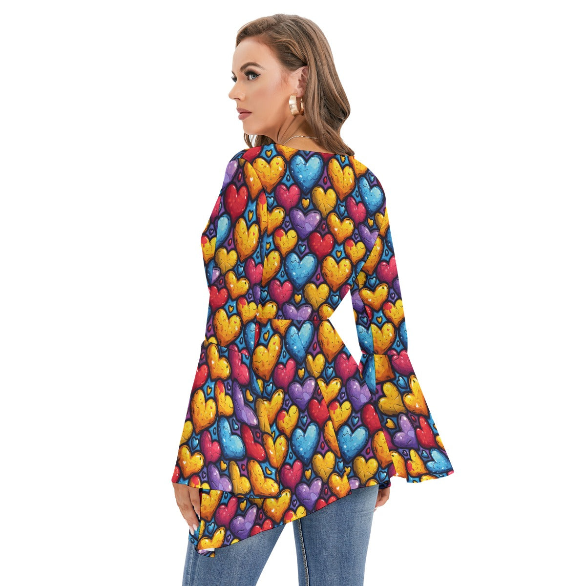 Heart V-neck Blouse With Flared Sleeves