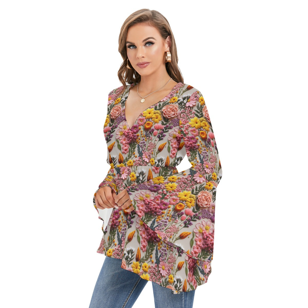 Spring embroidered flowers V-neck Blouse With Flared Sleeves