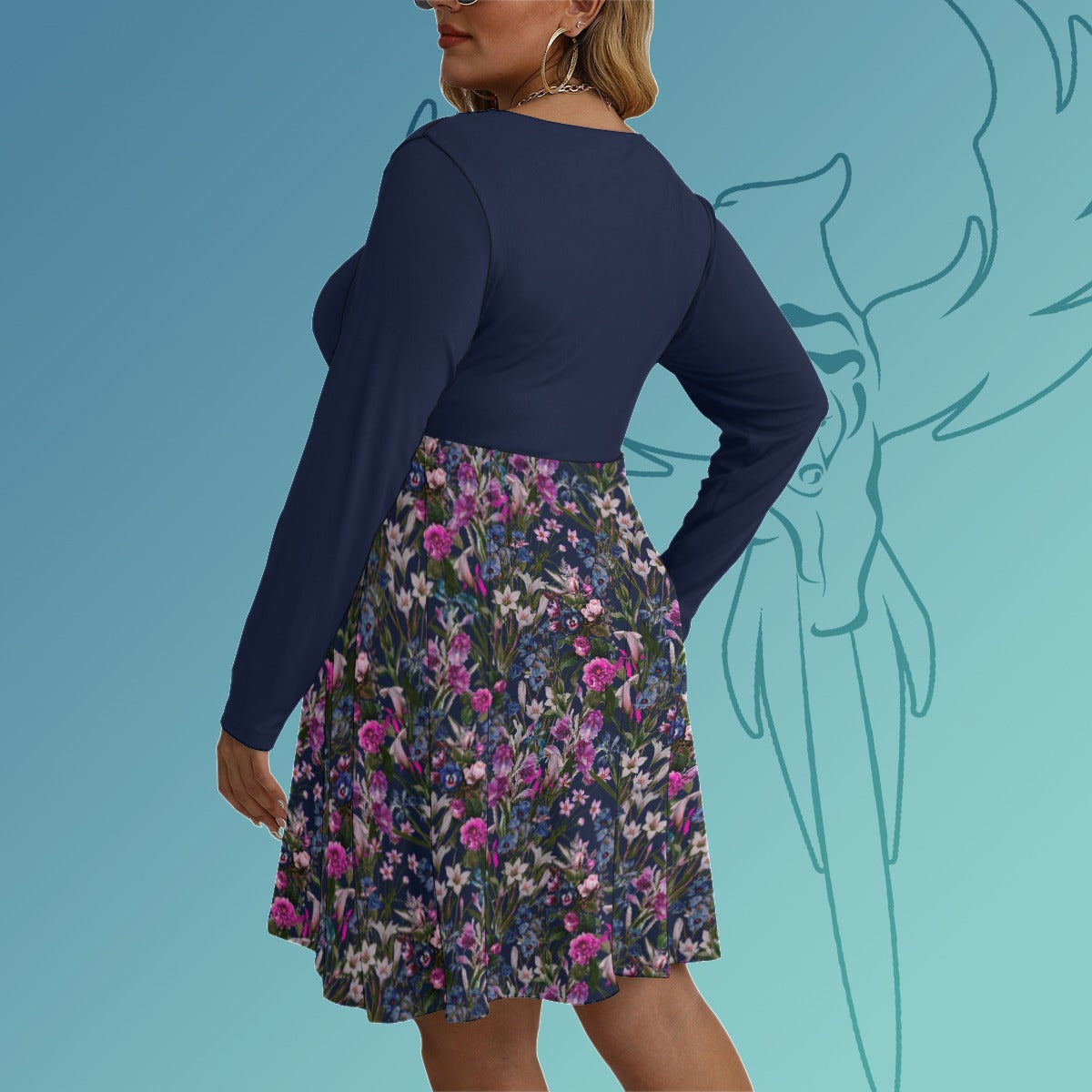 Navy Floral 2 Colourway V-neck Long Sleeve Dress