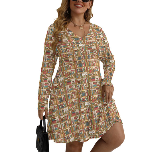 Cat Library V-neck Long Sleeve Dress