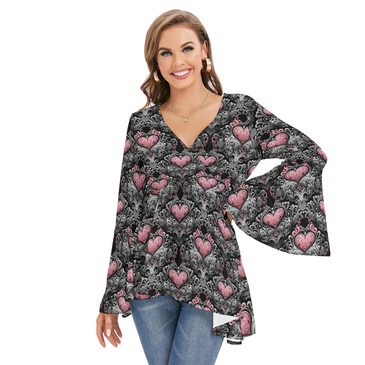 Gothic Heart V-neck Blouse With Flared Sleeves