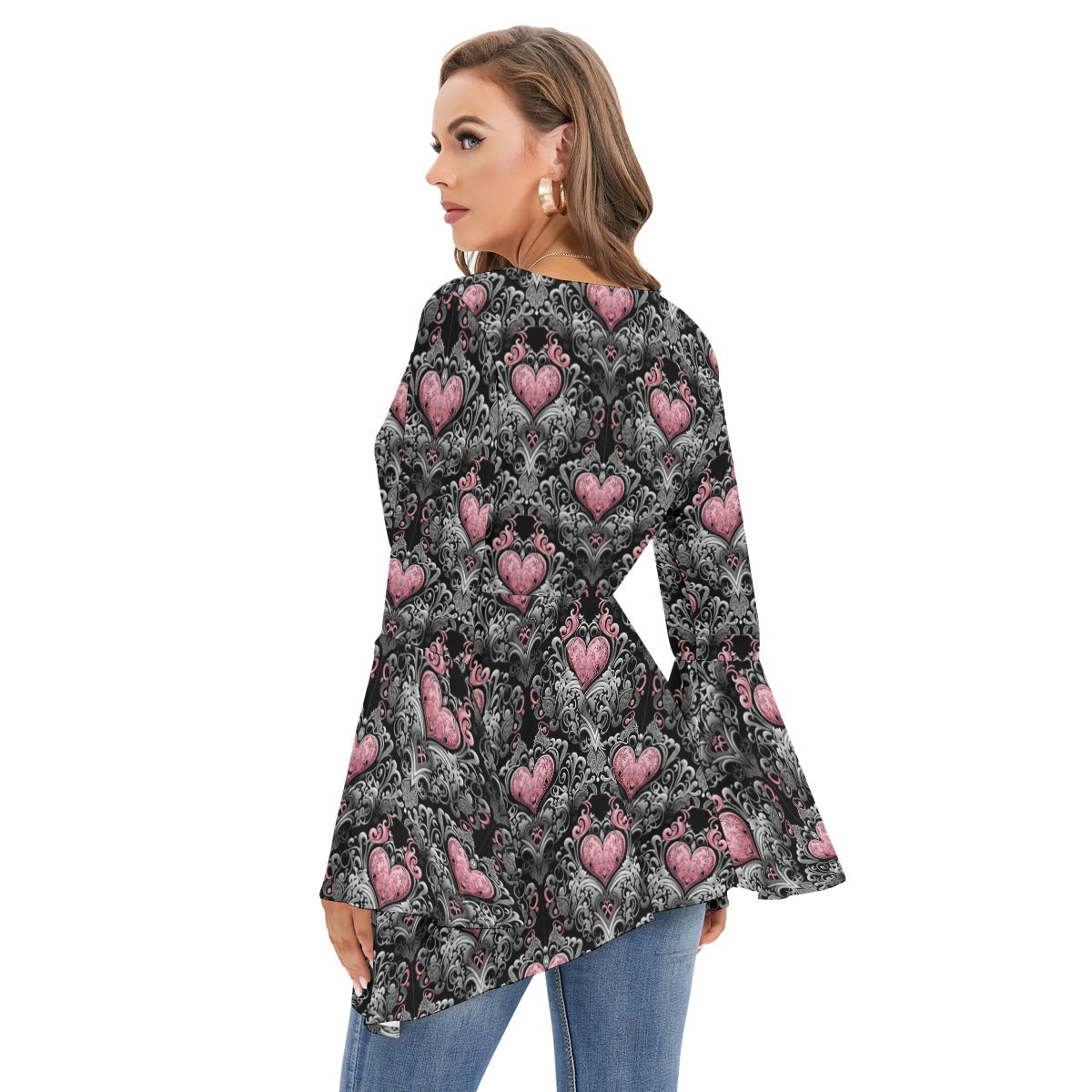 Gothic Heart V-neck Blouse With Flared Sleeves