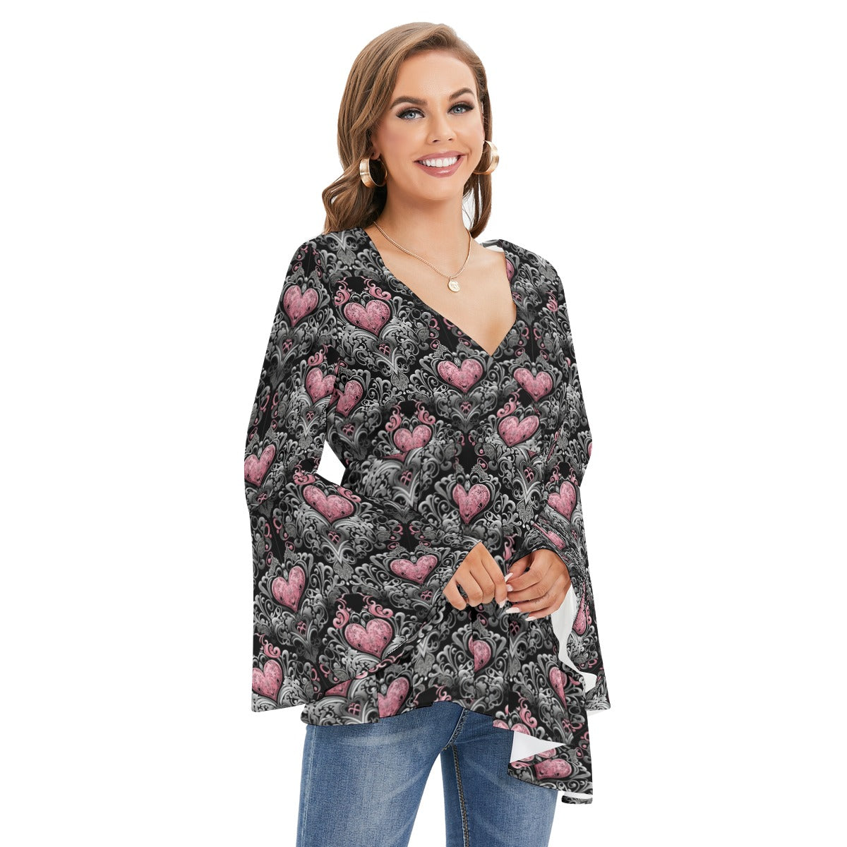 Gothic Heart V-neck Blouse With Flared Sleeves