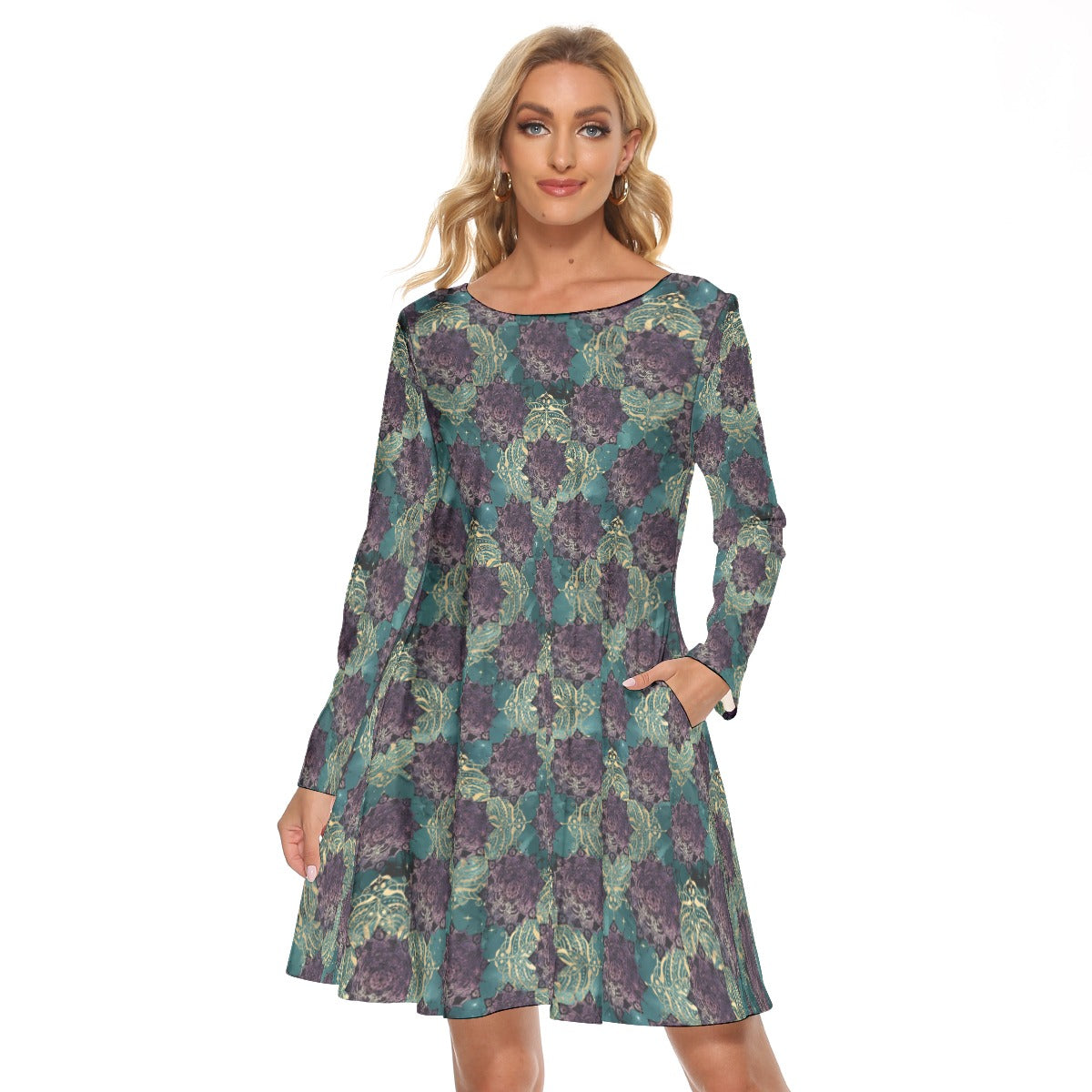 Teal and Gold Mandala Crew Neck Dress