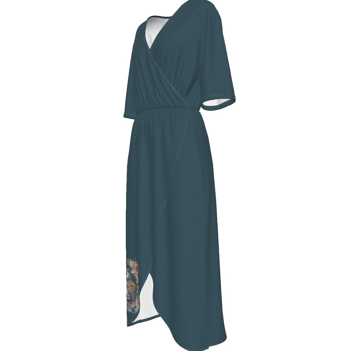 Green Owl V-neck Wrap Front Dress