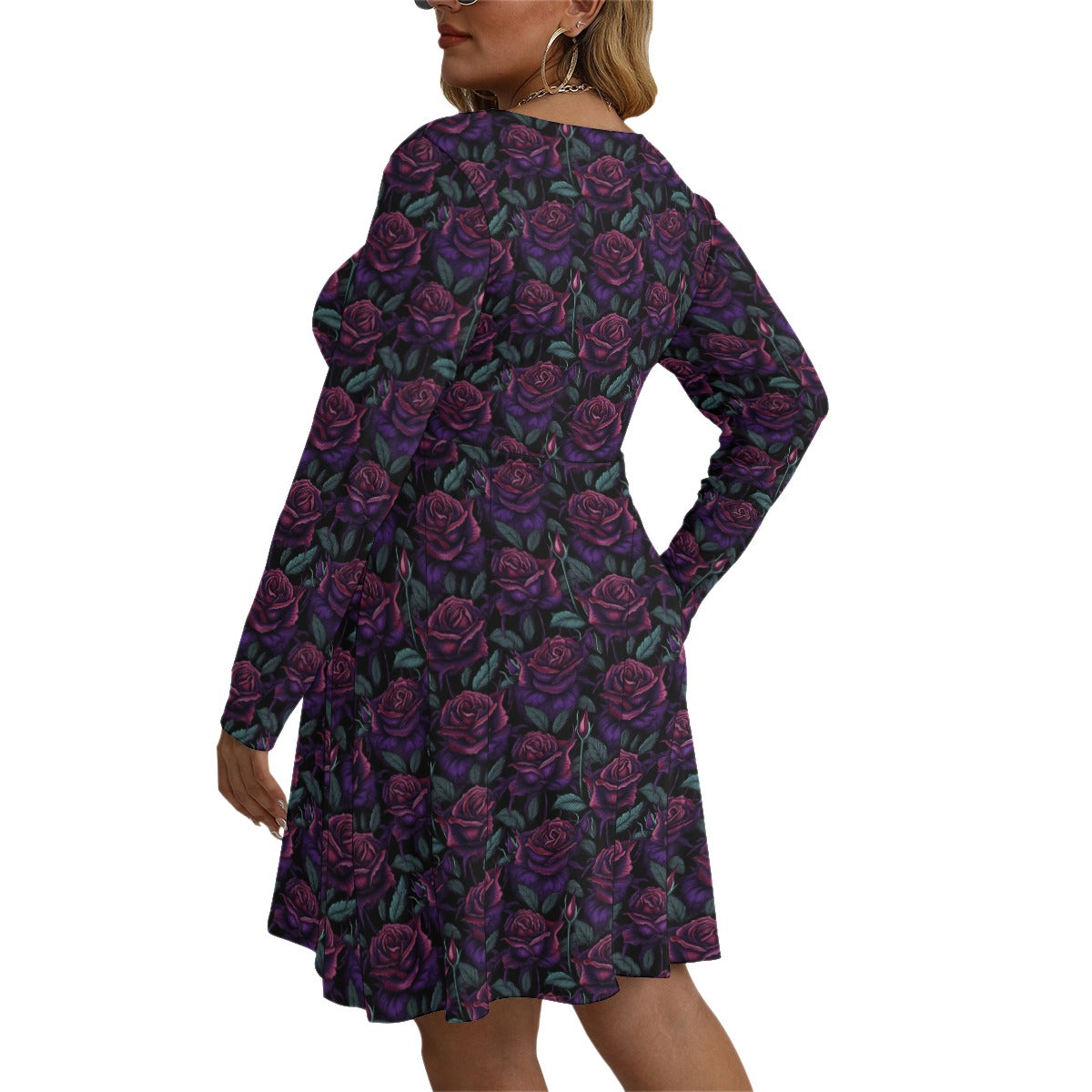 Purple Roses V-neck Long Sleeve Dress