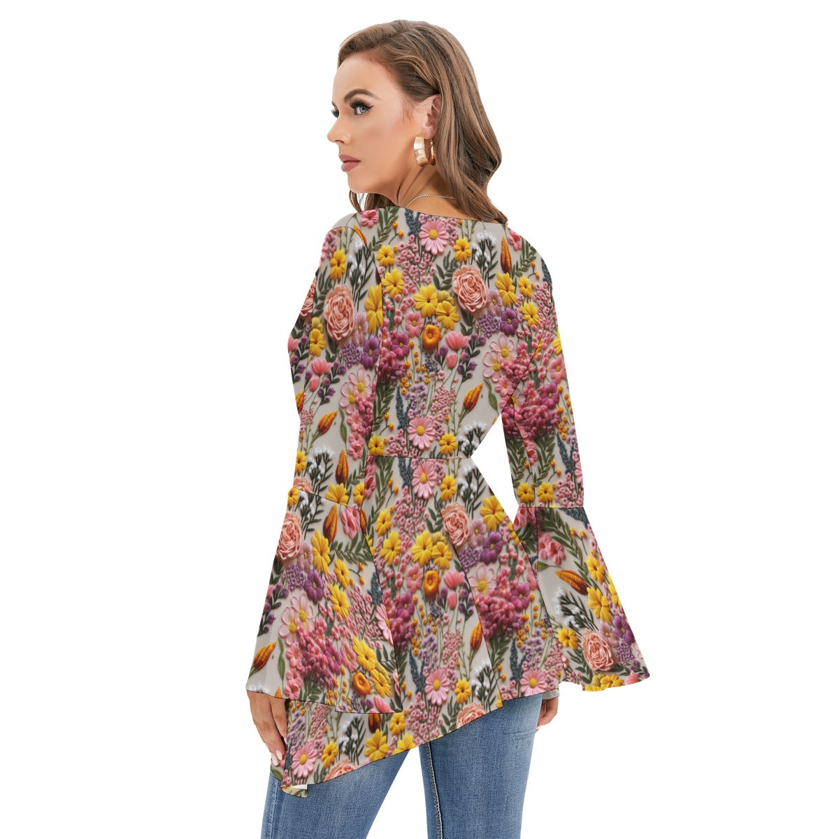 Spring embroidered flowers V-neck Blouse With Flared Sleeves