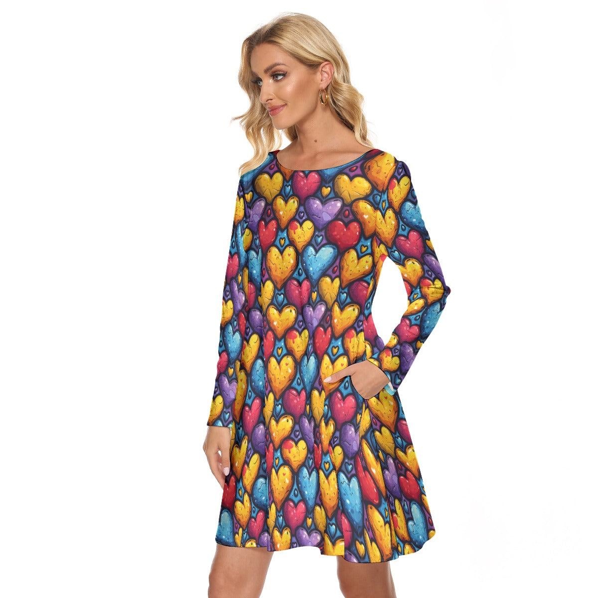 Heart Print Crew Neck Dress